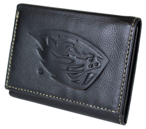 Black Leather Tri-Fold Wallet with Beaver