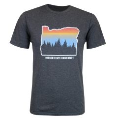 Men's Dark Grey Oregon State Tee with State Outline Sunset