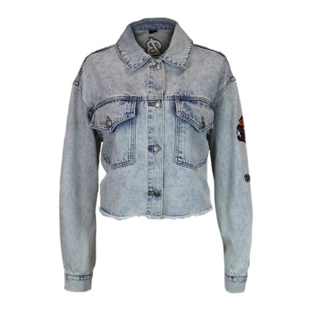 SOSOO Jean Jacket Women 2024 Gray Distressed Patchwork XL Patriotic Biker Rock Slayer