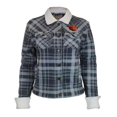 Women's Grey Plaid Fleece Jacket with Beaver