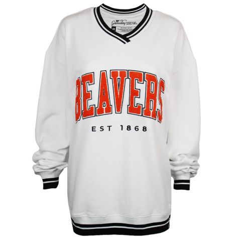 Women's White Beavers V-Neck Sweatshirt