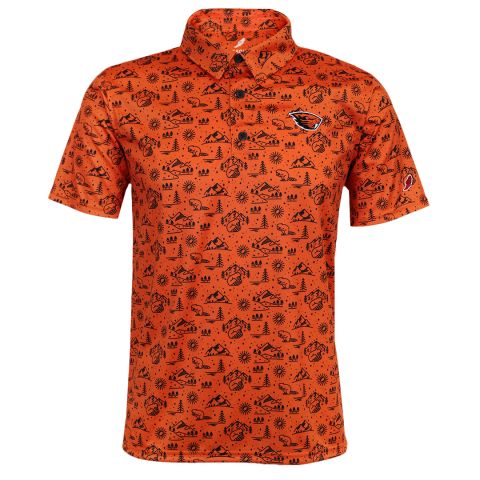 Men's Orange Beaver Polo with Collage Pattern