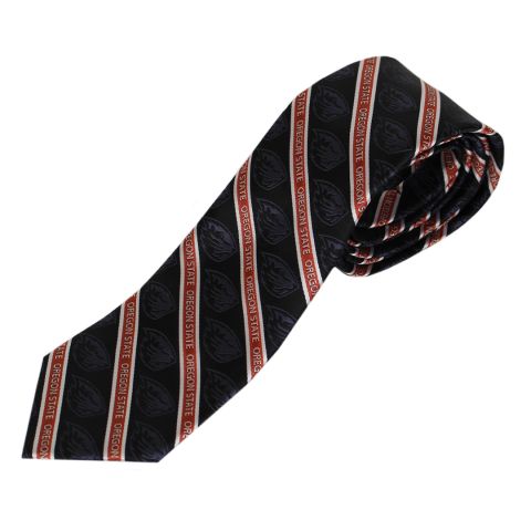 Black and Orange Striped Necktie with Repeating Logos