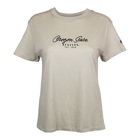 Women's Champion Beige Cursive Oregon State Tee