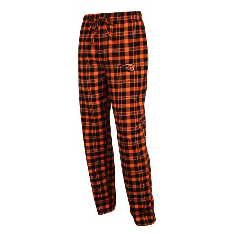 Men's Unisex Orange and Black Plaid Flannel Pants with Beaver