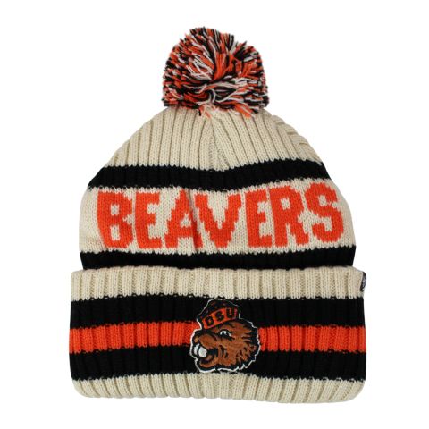 Ivory Striped Beavers Knit Pom Beanie with Benny