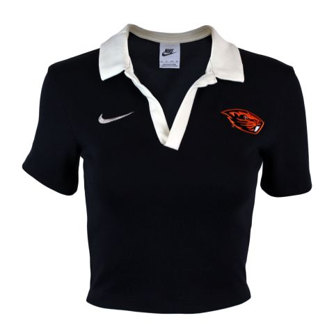 Women's Nike Black Cropped Beaver Polo with Cream Collar